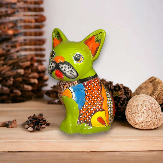 Vibrant Handcrafted Talavera French Bulldog Statue | Unique Medium Dog Sculpture - colorful green hand-painted Talavera French bulldog figurine