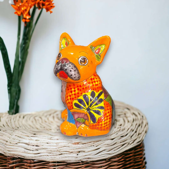 Vibrant Handcrafted Talavera French Bulldog Statue | Unique Medium Dog Sculpture - hand-painted orange Talavera French bulldog on woven basket