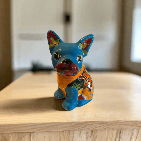 Vibrant Handcrafted Talavera French Bulldog Statue | Unique Medium Dog Sculpture - hand-painted blue and orange Talavera ceramic French bulldog