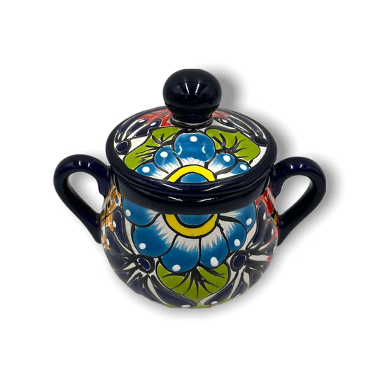 Vibrant 3-Piece Talavera Coffee Set | Handmade Mexican Pottery - hand-painted sugar bowl with lid and handles, blue floral Talavera design