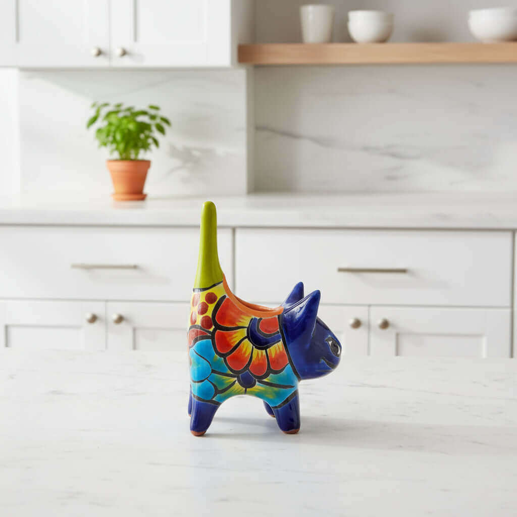 Vibrant Talavera Cat Planter | Handcrafted Mexican Pottery - hand-painted colorful cat-shaped planter for succulents, Mexican Talavera pottery