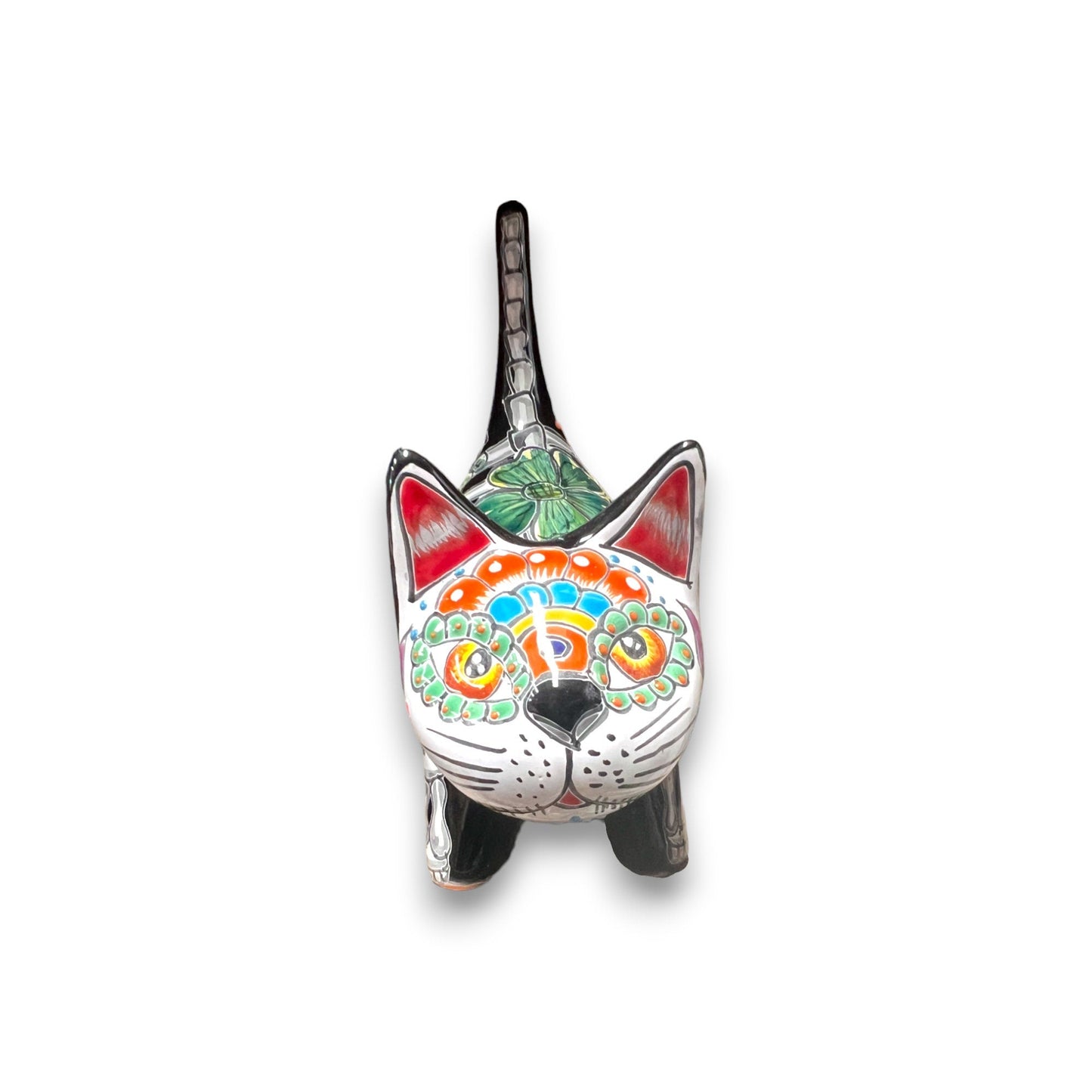 Vibrant Talavera Cat Statue | Day of the Dead Decor | Hand-Painted Mexican Art (Small)
