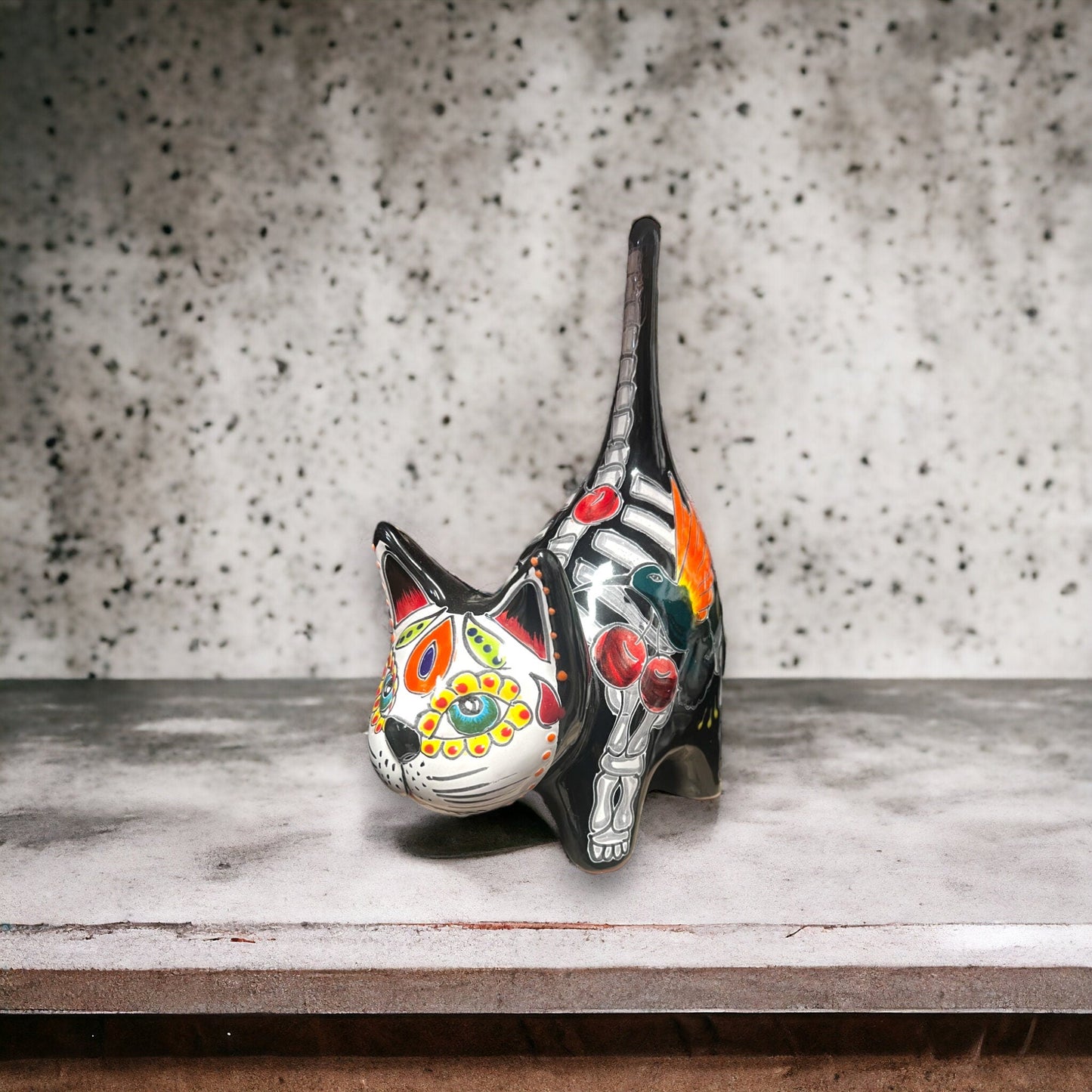 Vibrant Talavera Cat Statue | Day of the Dead Decor | Hand-Painted Mexican Art (Small)