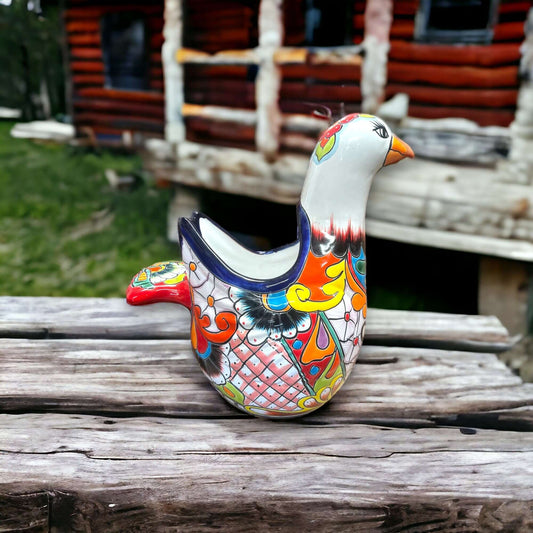 Vibrant Talavera Dove Planter | Colorful Mexican Ceramic Bird Statue (Large) hand-painted Talavera dove planter on rustic wooden bench