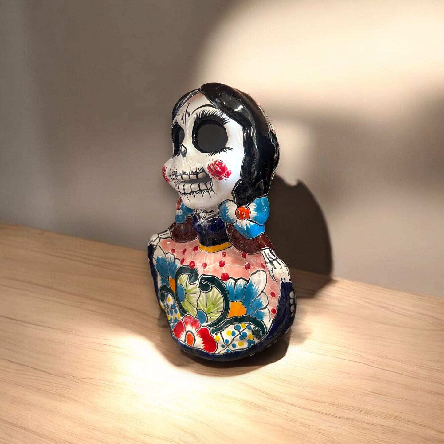 Vibrant Talavera Skeleton Woman Statue | Handmade Decor