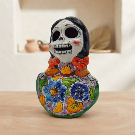 Vibrant Talavera Skeleton Woman Statue - lifestyle product view 1