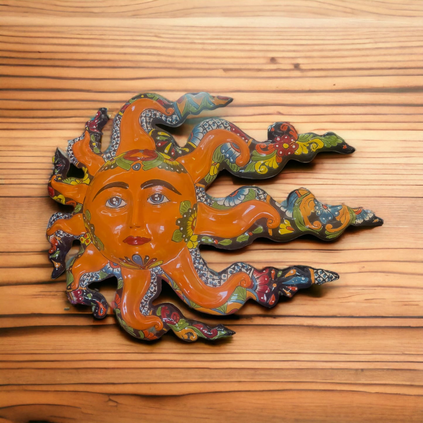 Vibrant Talavera Sun Face Wall Art | Handmade Mexican Ceramic (17"x22")