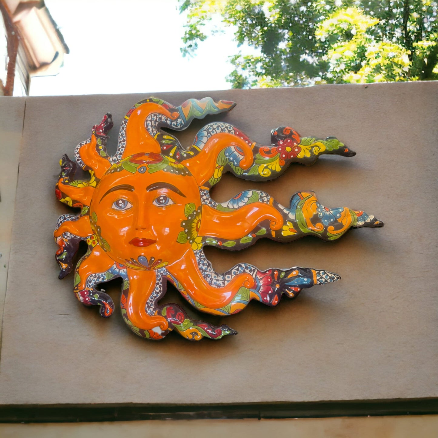 Vibrant Talavera Sun Face Wall Art | Handmade Mexican Ceramic (17"x22")