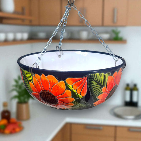 Vibrant Talavera Sunflower Hanging Planter | Artisan Pot – hand-painted sunflower hanging ceramic planter from Guanajuato, lead-free glaze, vibrant orange and green