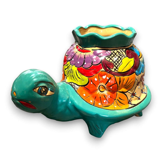 Vibrant Talavera Turtle Planter | Colorful Hand-Painted Mexican Pottery (Medium) - hand-painted teal turtle planter with floral Talavera design
