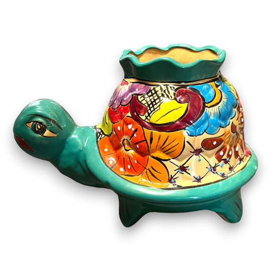 Vibrant Talavera Turtle Planter | Colorful Hand-Painted Mexican Pottery (Medium) - hand-painted colorful turtle planter from Guanajuato