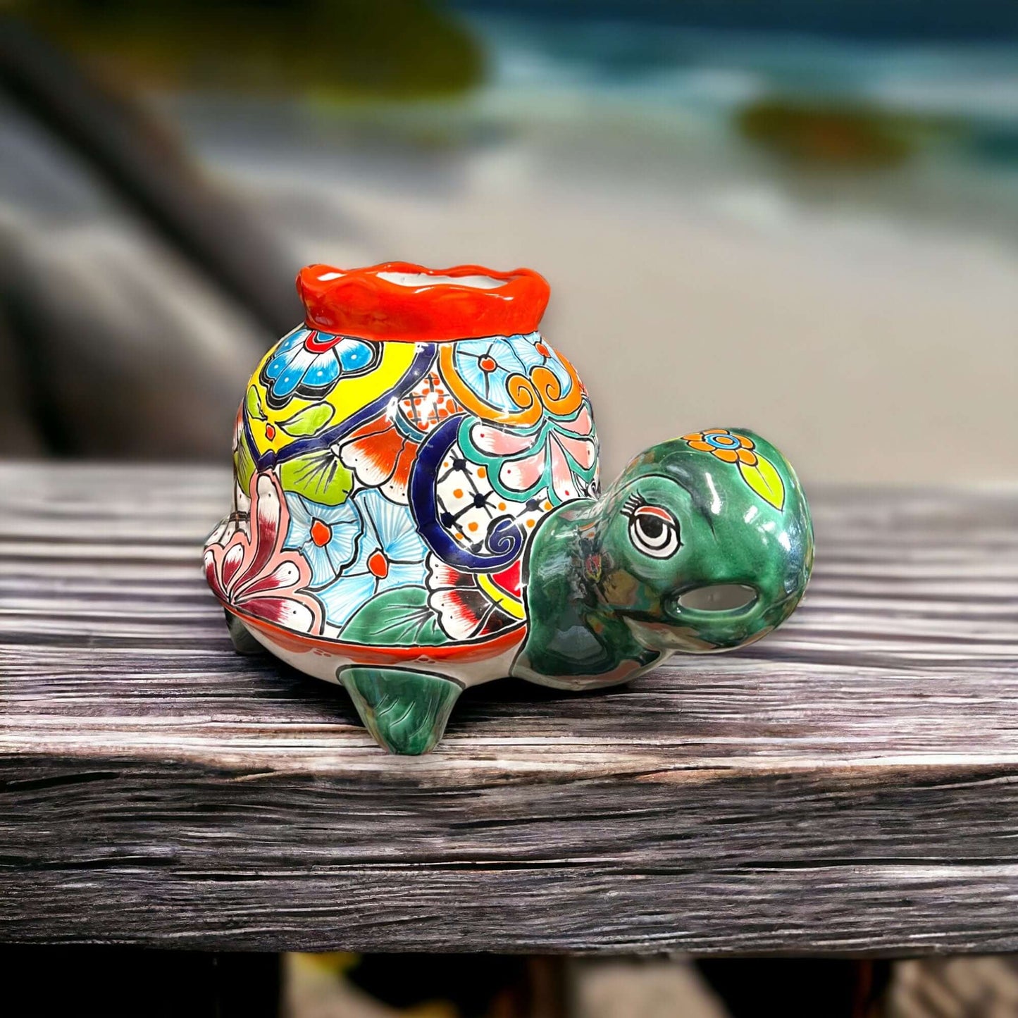 Vibrant Talavera Turtle Planter | Colorful Hand-Painted Mexican Pottery (Medium) — hand-painted whimsical turtle planter with bright floral Talavera design