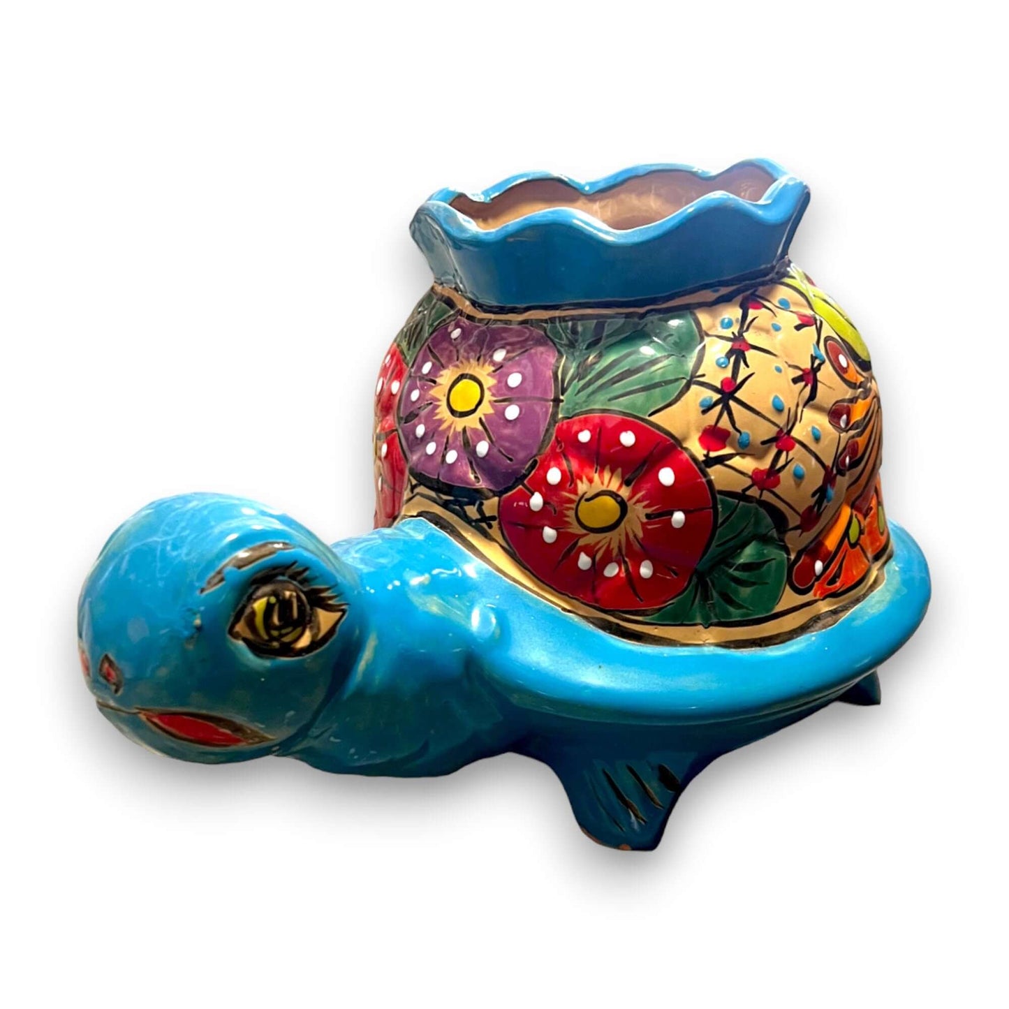 Vibrant Talavera Turtle Planter | Colorful Hand-Painted Mexican Pottery (Medium) - hand-painted blue turtle planter with floral Talavera design