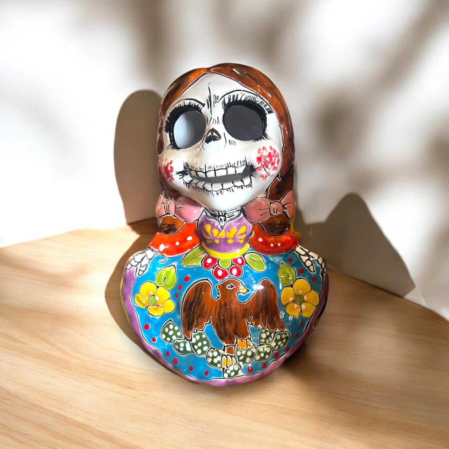 Vibrant Talavera Skeleton Woman Statue | Handmade Decor