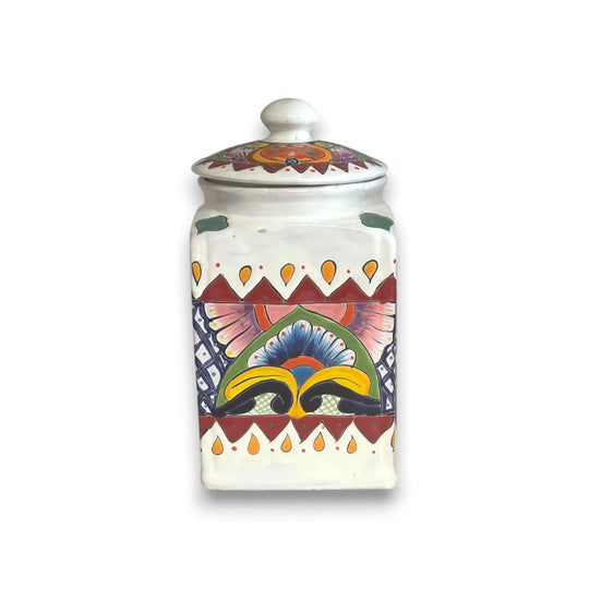 White Talavera Canister Set | Hand-Painted Mexican Kitchen Decor - white ceramic canister with bold hand-painted floral and geometric motifs