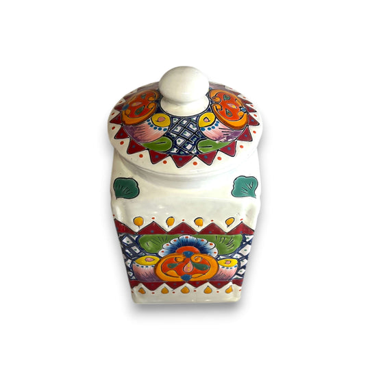 White Talavera Canister Set | Hand-Painted Mexican Kitchen Decor — white ceramic canister with vibrant hand-painted floral and geometric Talavera motifs
