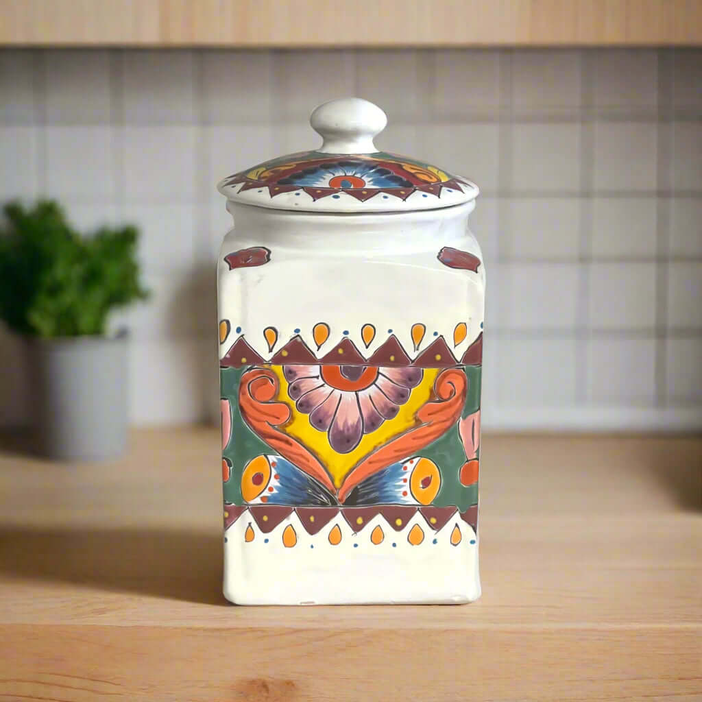 White Talavera Canister Set | Hand-Painted Mexican Kitchen Decor - white ceramic hand-painted Talavera jar with bold floral motifs
