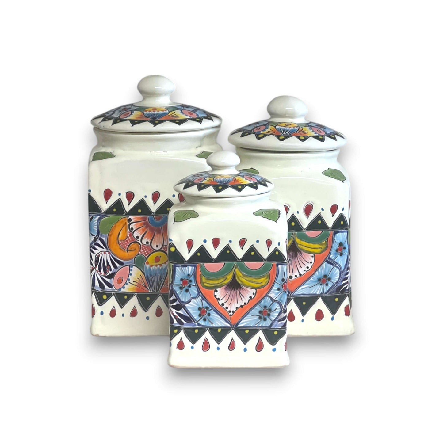 White Talavera Canister Set | Hand-Painted Mexican Kitchen Decor - hand-painted white ceramic canister set with colorful floral and geometric Talavera motifs