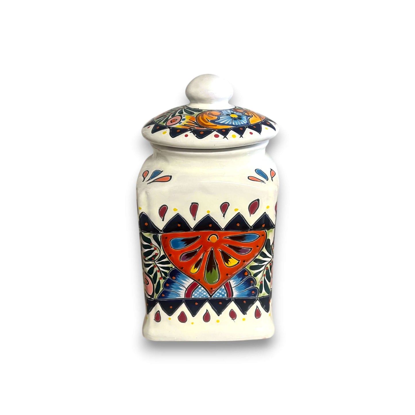 White Talavera Canister Set | Hand-Painted Mexican Kitchen Decor - white ceramic canister with vibrant hand-painted floral and geometric motifs
