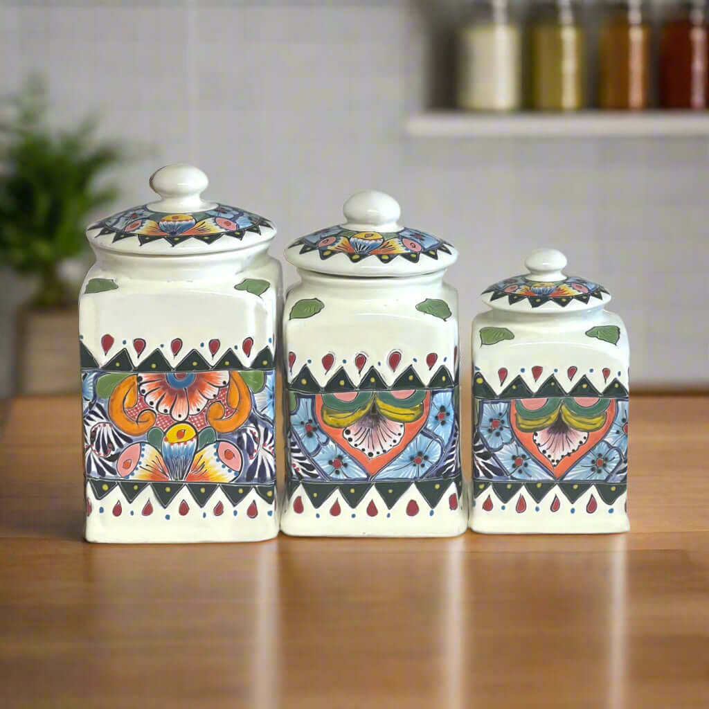 White Talavera Canister Set | Hand-Painted Mexican Kitchen Decor – white ceramic hand-painted canister trio with vibrant floral and geometric motifs