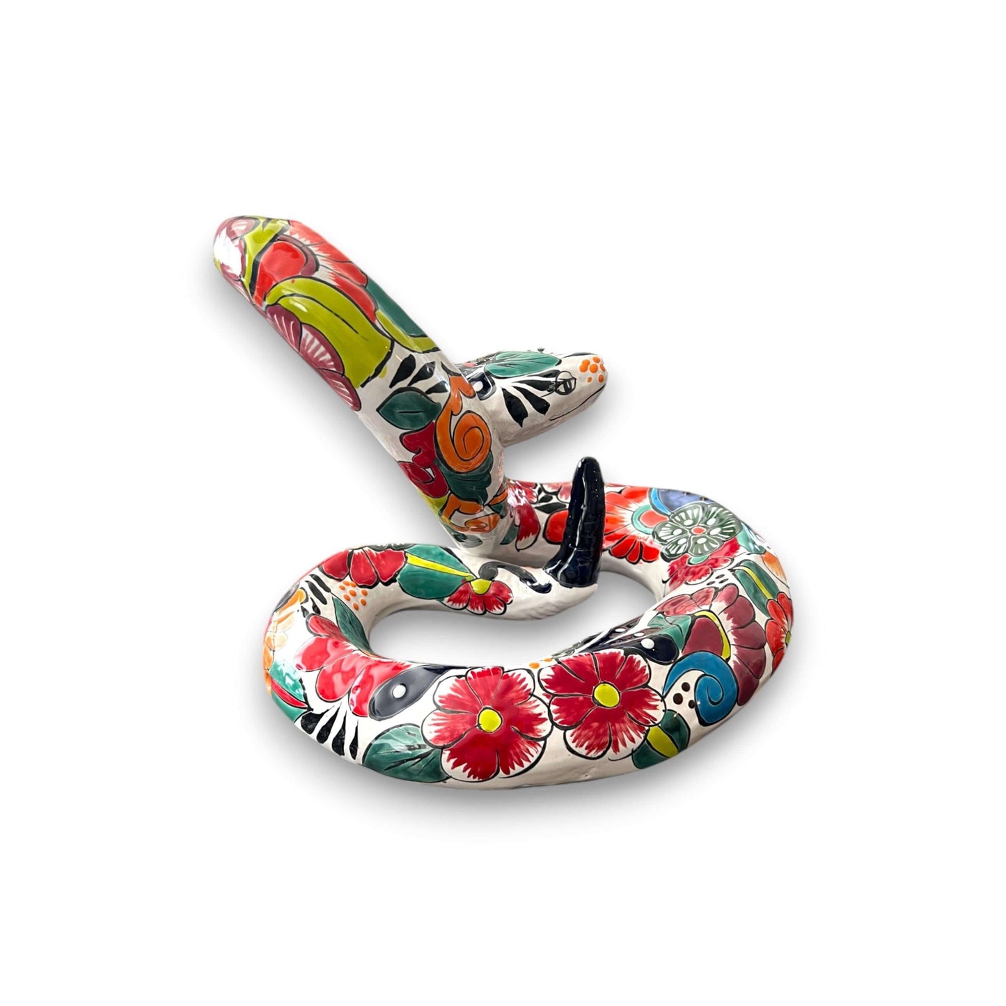 White Talavera Snake Statue | Hand-Painted Mexican Decor - hand-painted white Talavera ceramic snake with colorful floral pattern
