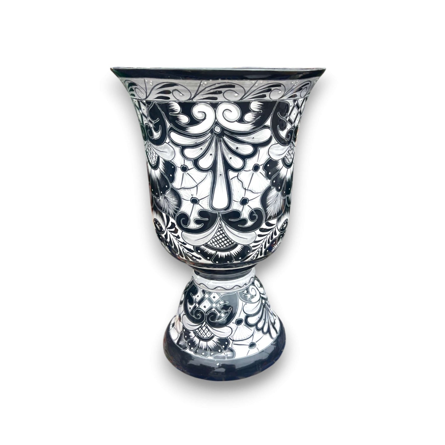 XL Black Talavera Planter | Hand-Painted Pedestal Flower Pot - extra large black hand-painted Talavera pedestal with intricate monochrome floral design