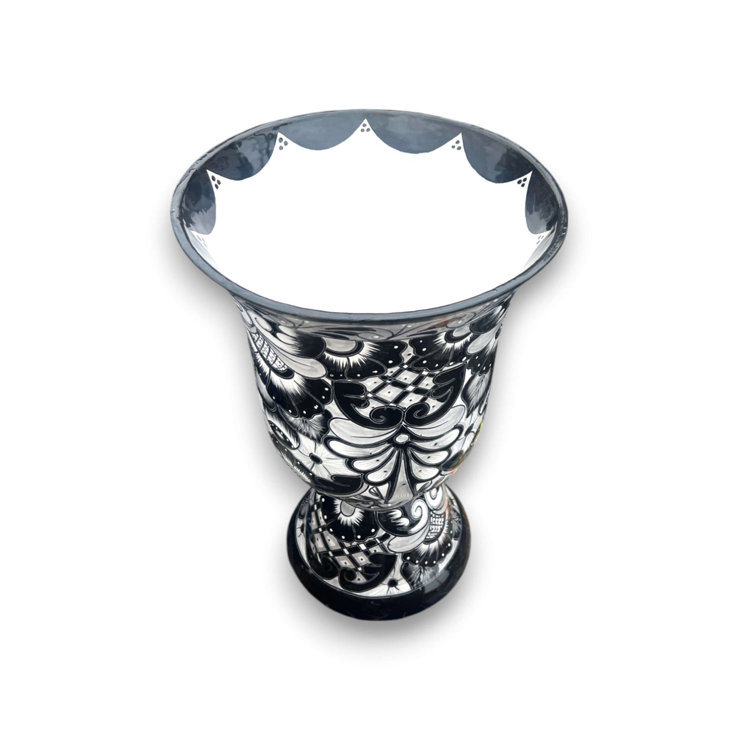 XL Black Talavera Planter | Hand-Painted Pedestal Flower Pot - extra large hand-painted black and white Talavera pedestal planter from Guanajuato, kiln-fired glaze