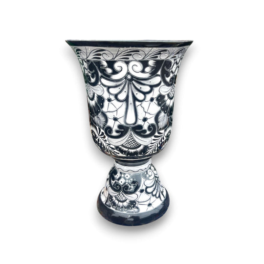 XL Black Talavera Planter | Hand-Painted Pedestal Flower Pot - extra large black hand-painted Talavera pedestal with intricate monochrome floral design