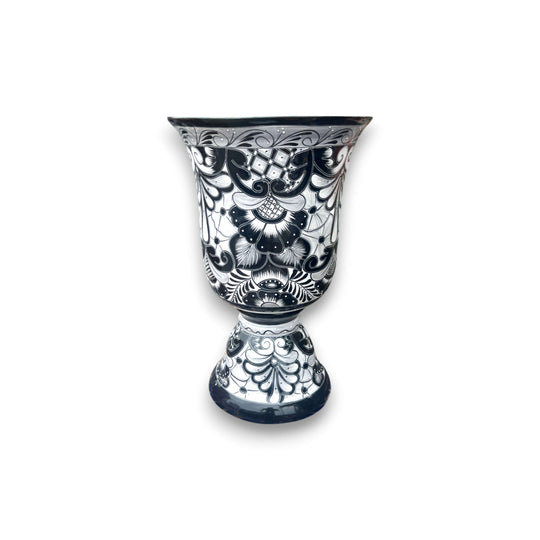 XL Black Talavera Planter | Hand-Painted Pedestal Flower Pot - extra large hand-painted black Talavera pedestal with intricate monochrome floral design