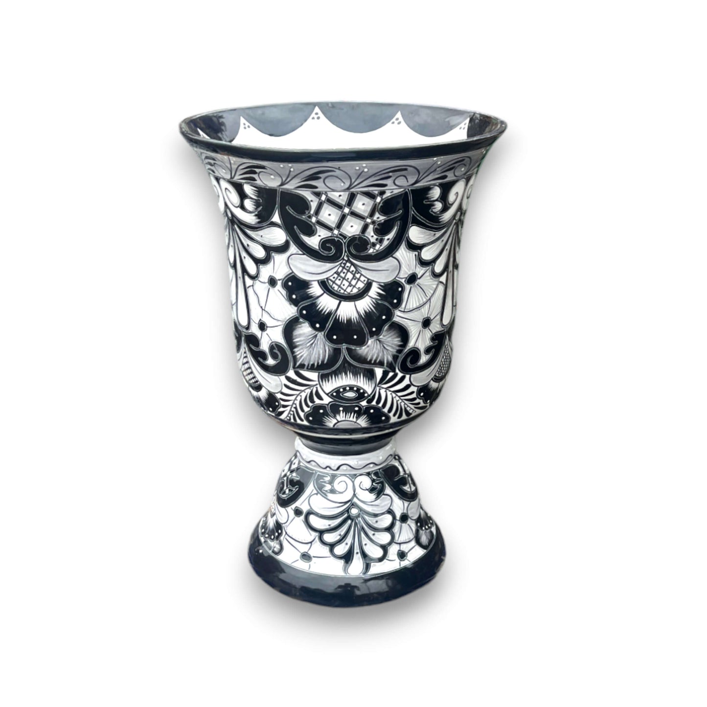 XL Black Talavera Planter | Hand-Painted Pedestal Flower Pot - extra large hand-painted black Talavera pedestal vase, Kiln-fired, lead-free glaze