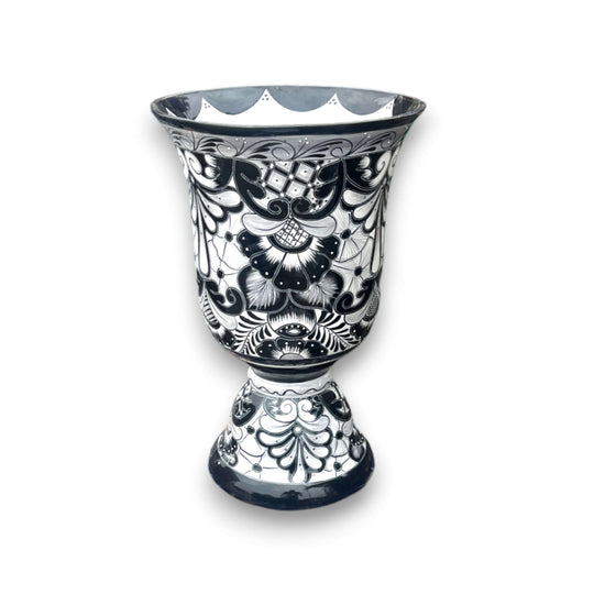 XL Black Talavera Planter | Hand-Painted Pedestal Flower Pot - extra large hand-painted black Talavera pedestal vase, Kiln-fired, lead-free glaze