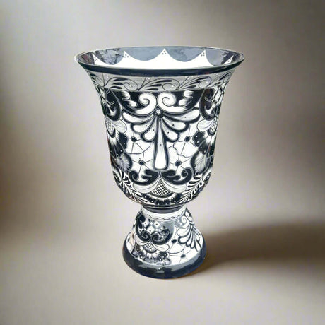 XL Black Talavera Planter | Hand-Painted Pedestal Flower Pot — extra large hand-painted black Talavera pedestal with intricate monochrome brushwork