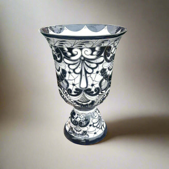 XL Black Talavera Planter | Hand-Painted Pedestal Flower Pot — extra large hand-painted black Talavera pedestal with intricate monochrome brushwork