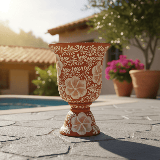 XL Brown & White Talavera Pedestal Planter - lifestyle product view 2