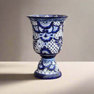 XL Talavera Planter | Hand-Painted Blue Pedestal Flower Pot - extra large cobalt blue and white hand-painted Talavera pedestal planter