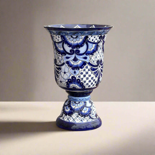 XL Talavera Planter | Hand-Painted Blue Pedestal Flower Pot - extra large cobalt blue and white hand-painted Talavera pedestal planter