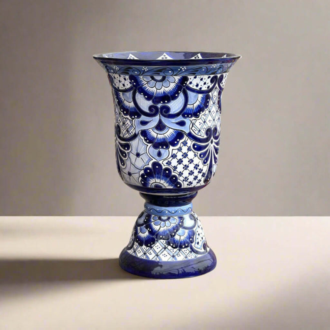 XL Talavera Planter | Hand-Painted Blue Pedestal Flower Pot - extra large cobalt blue and white hand-painted Talavera pedestal planter