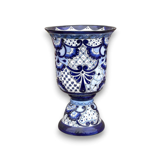 XL Talavera Planter | Hand-Painted Blue Pedestal Flower Pot - Extra large cobalt blue hand-painted Talavera pedestal planter