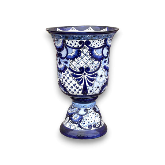 XL Talavera Planter | Hand-Painted Blue Pedestal Flower Pot - Extra large cobalt blue hand-painted Talavera pedestal planter