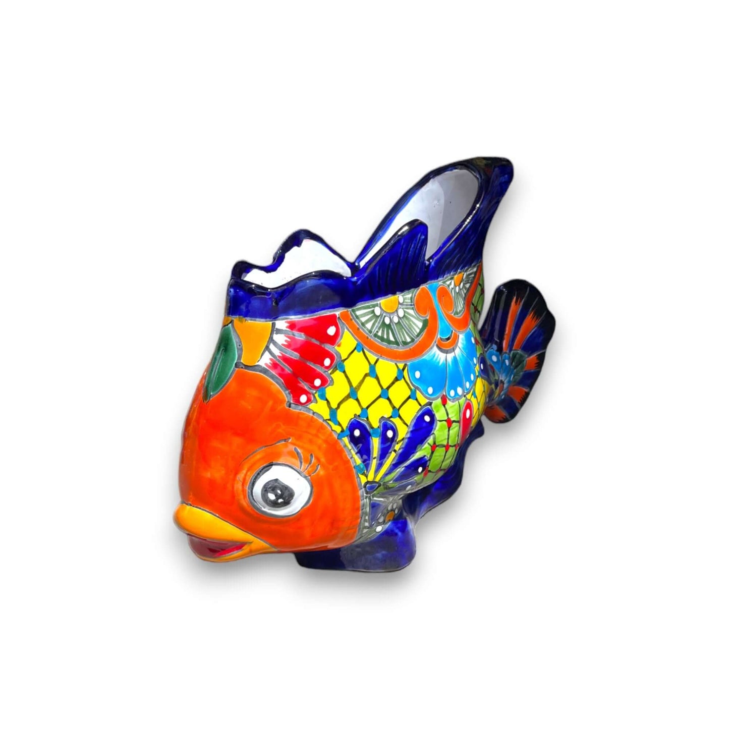 Large Talavera Fish Planter | Hand-Painted Mexican Statue Pottery - XL hand-painted colorful Talavera fish planter from Guanajuato, kiln-fired lead-free glaze