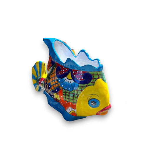 Large Talavera Fish Planter | Hand-Painted Mexican Statue Pottery - vibrant hand-painted XL Talavera fish planter, kiln-fired lead-free glaze