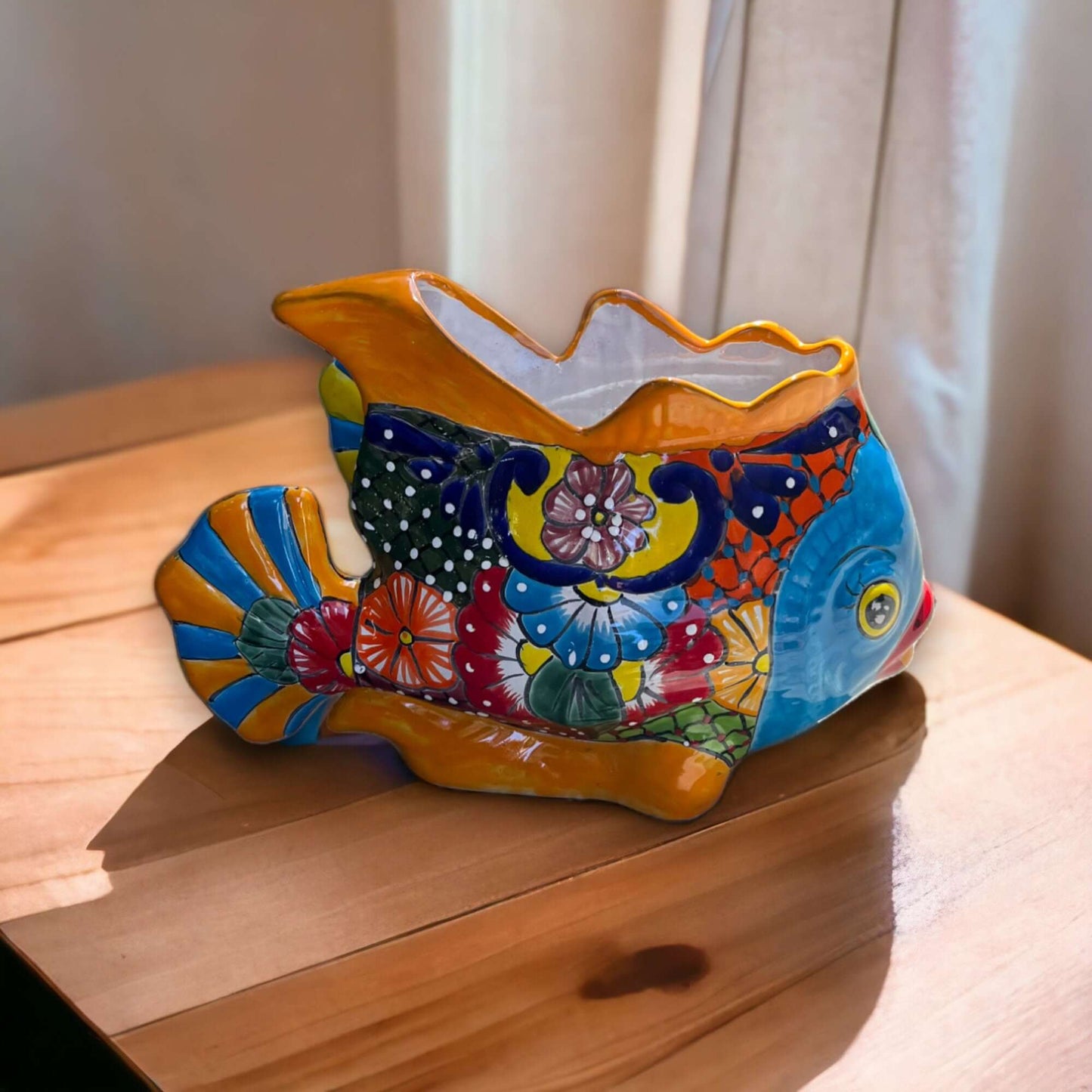Large Talavera Fish Planter | Hand-Painted Mexican Statue Pottery vibrant hand-painted XL Talavera fish planter, kiln-fired lead-free glaze, Guanajuato artisan