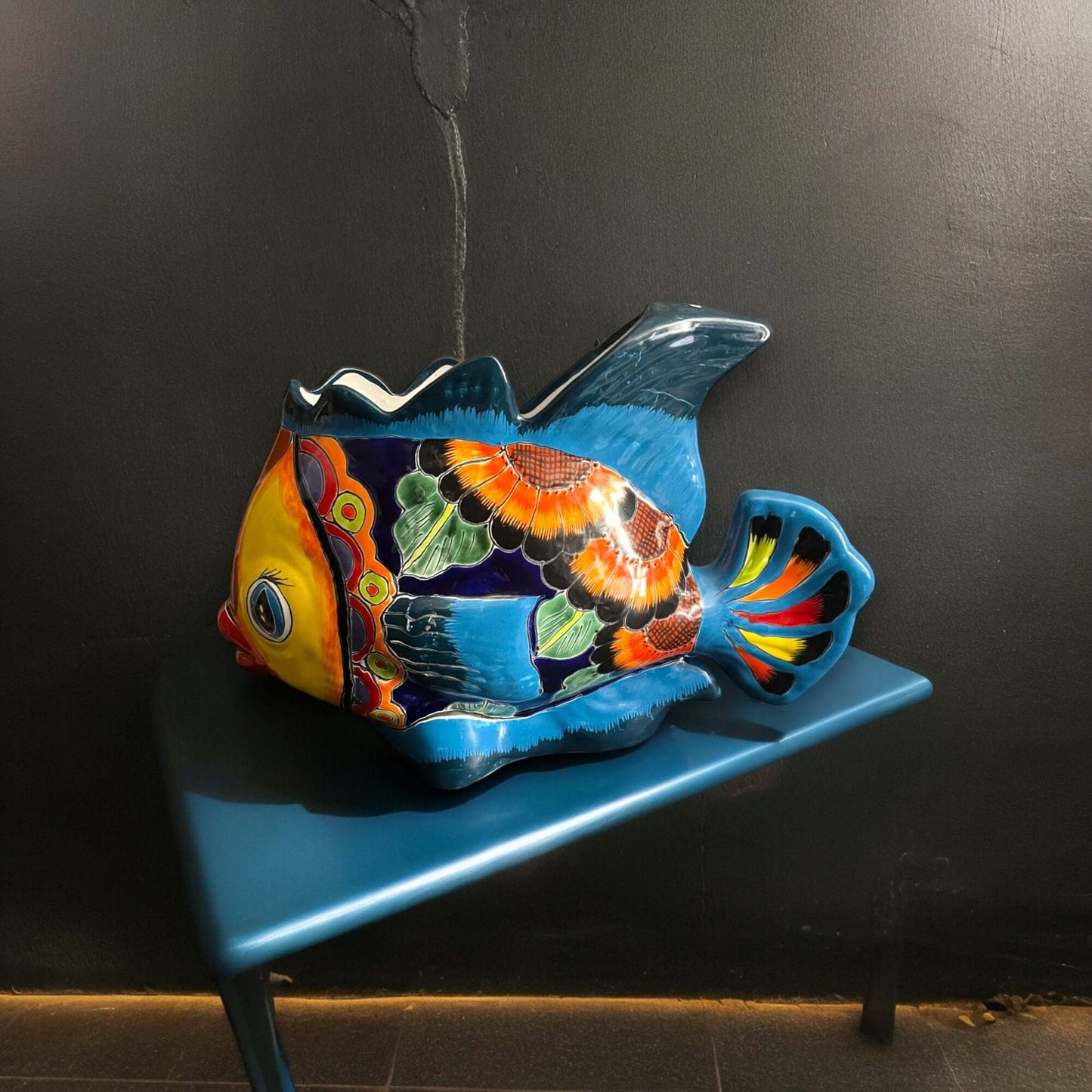 Large Talavera Fish Planter | Hand-Painted Mexican Statue Pottery vibrant hand-painted XL Talavera fish planter with floral patterns and bright blue, yellow and orange glaze