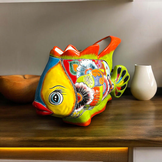 Large Talavera Fish Planter | Hand-Painted Mexican Statue Pottery - colorful XL hand-painted Talavera fish planter with floral motifs