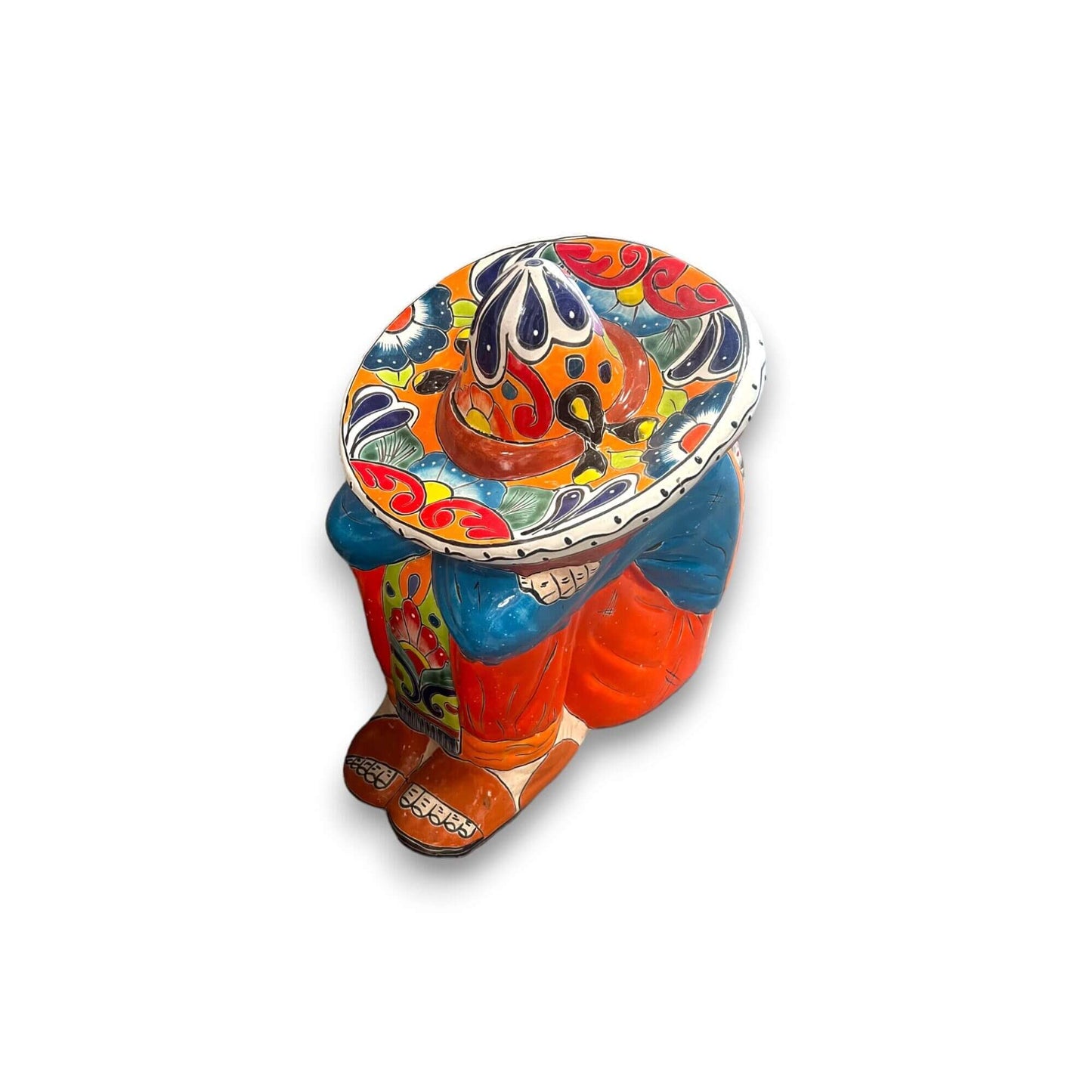 Talavera Panchito Sleeping Man Figurine | XL Hand-Painted Art – large hand-painted Mexican Talavera sleeping man statue with colorful floral sombrero
