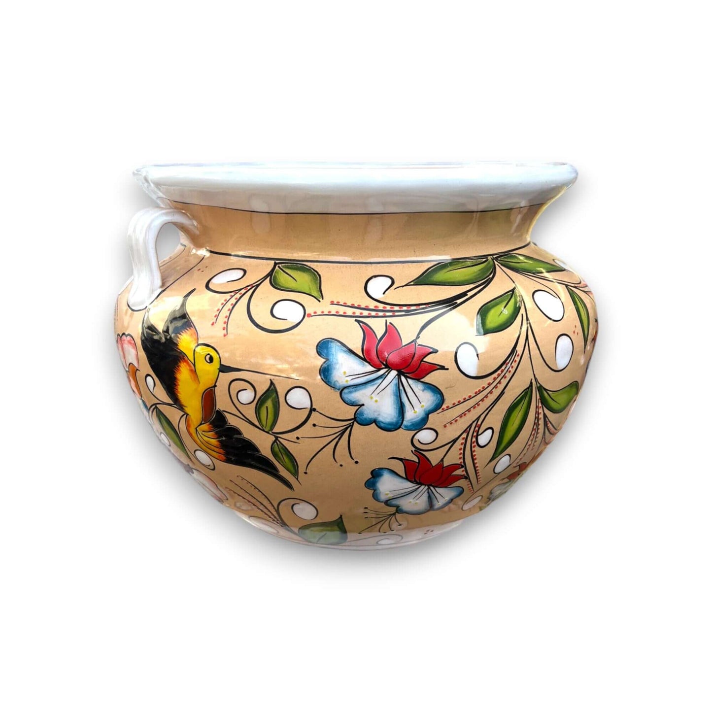 XL Talavera Flower Pot | White & Tan Floral Design handcrafted extra large Talavera pot with painted flowers and bird, lead-free glaze