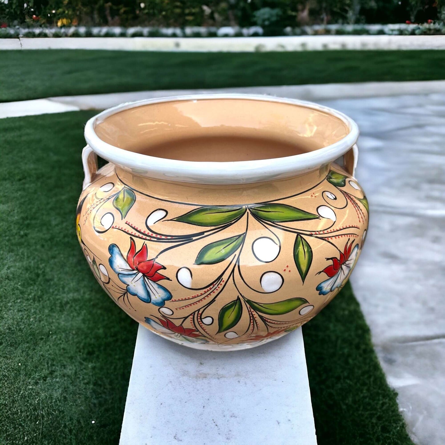 XL Talavera Flower Pot | White & Tan Floral Design hand-painted extra large Talavera pot from Guanajuato, Mexico