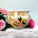 XL Talavera Flower Pot | White & Tan Floral Design - extra large hand-painted Talavera pot with bird and floral motifs, handcrafted in Guanajuato, Mexico