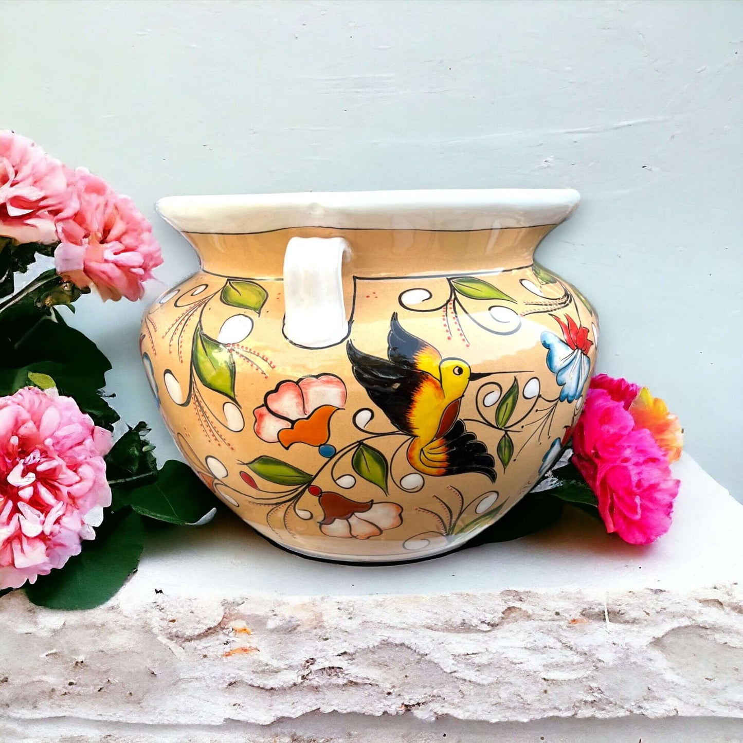 XL Talavera Flower Pot | White & Tan Floral Design - extra large hand-painted Talavera pot with bird and floral motifs, handcrafted in Guanajuato, Mexico