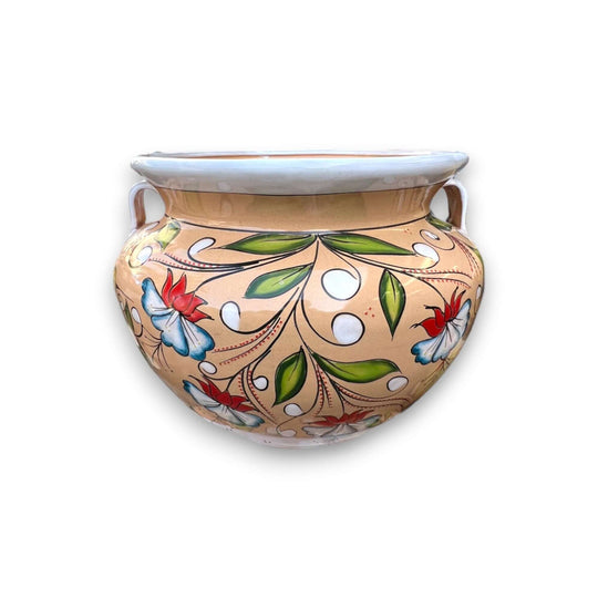XL Talavera Flower Pot | White & Tan Floral Design - hand-painted extra large Talavera pot from Guanajuato with white & tan floral motif